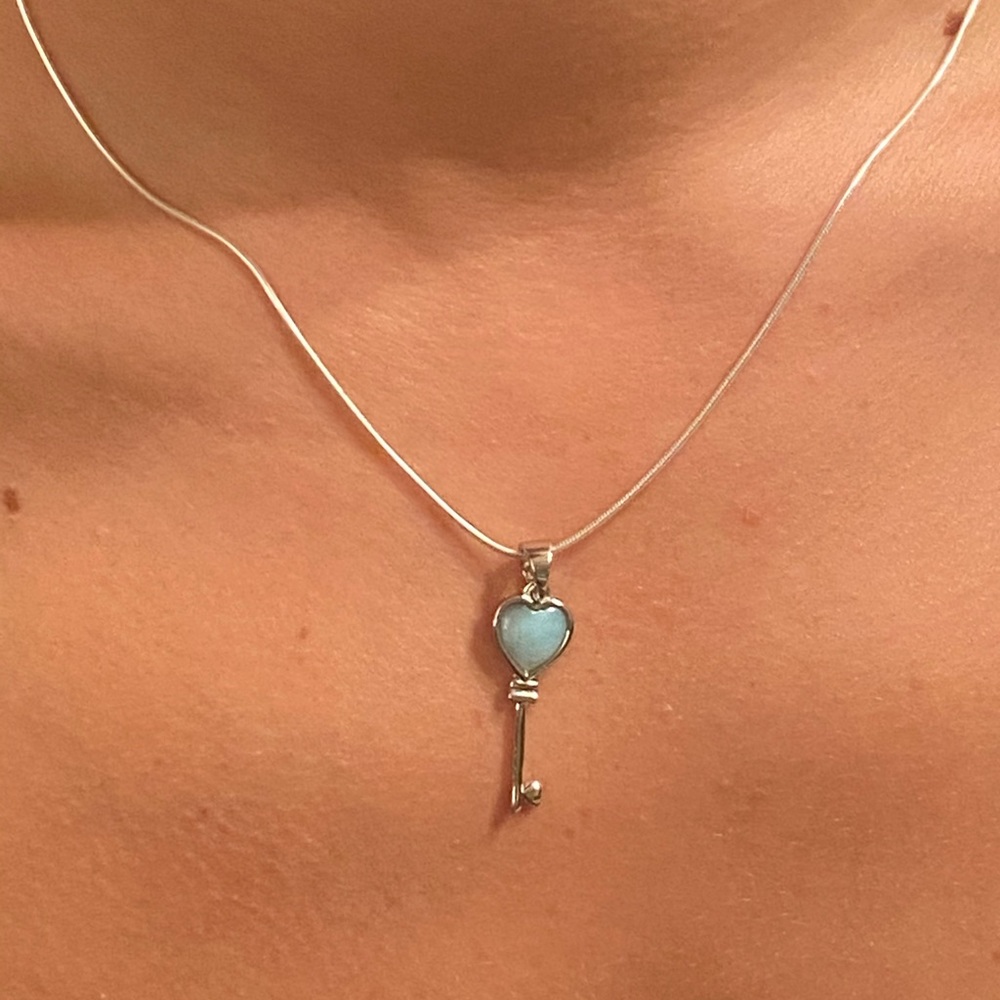 Natural Larimar Key Sterling Silver Necklace - Picture 12 of 16